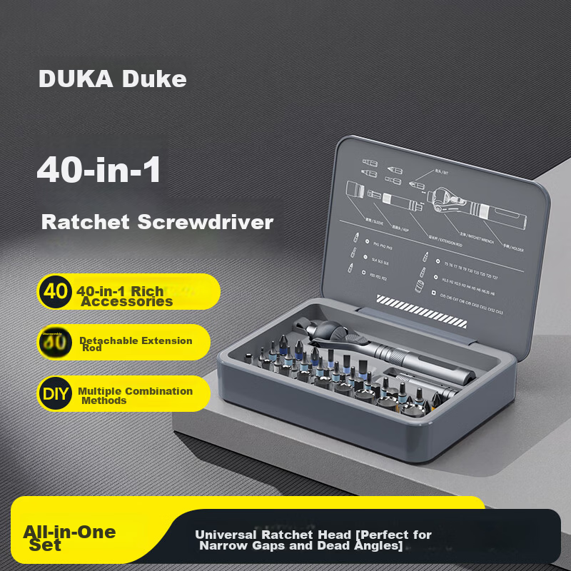 Duke Ratchet Screwdriver Set 40-in-1 Multi-Function Effort-Saving Wrench Alloy Steel Bits Phillips Hex Torx RS2