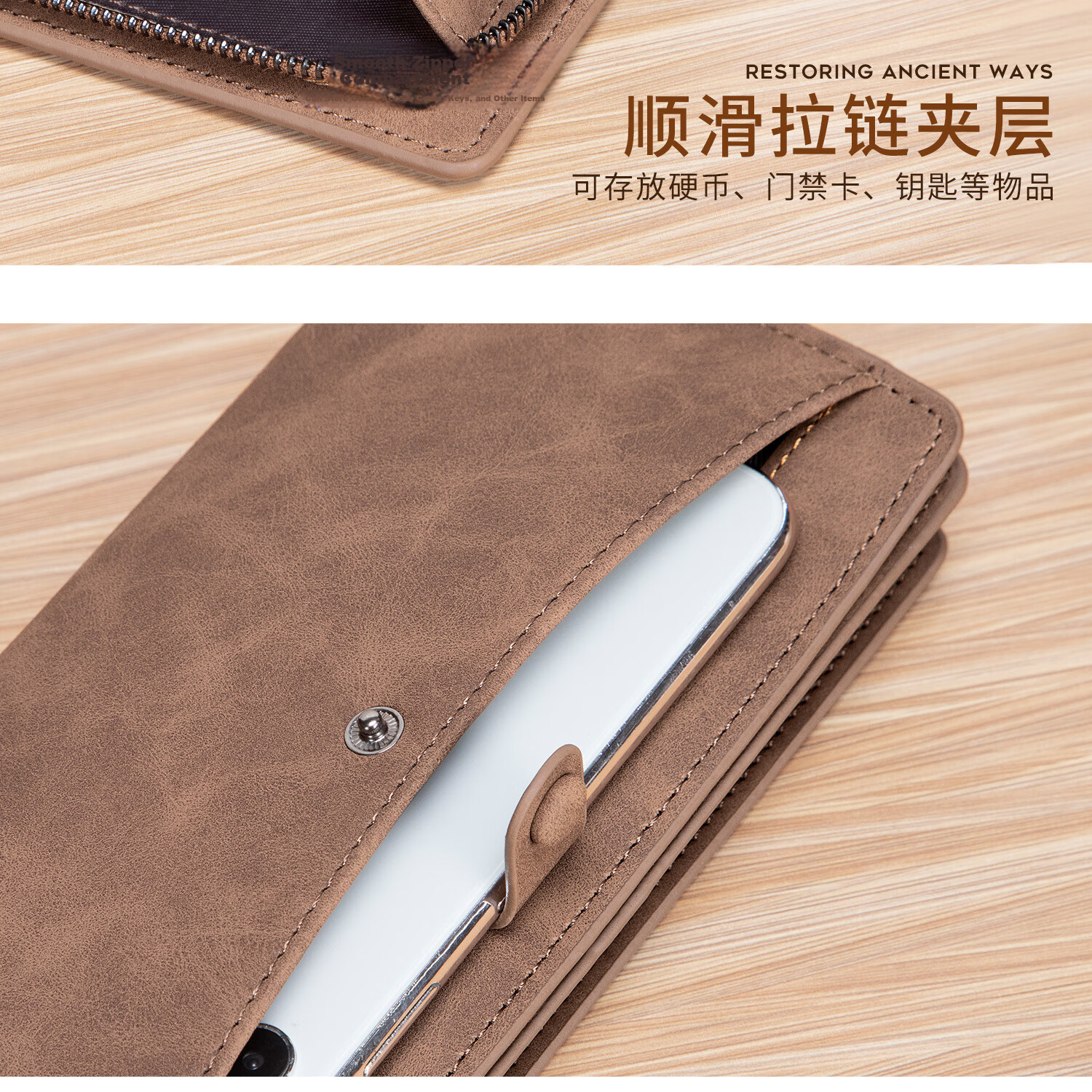 MashaLanti Men's Wallet, Large Capacity, Leather Billfold, Long Zipper Coin Purse, Multifunctional Clutch Card Holder, Business Document Wallet All-I 16