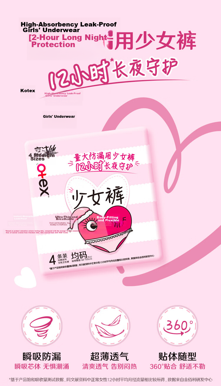 Kotex Teen Night Pants One Size 4pcs Night Use Sanitary Napkin Sleep Pants Summer Ultra-thin Breathable 2