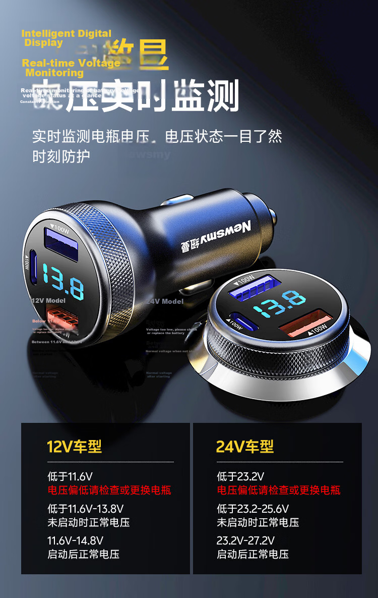 Newsmy Car Charger Super Fast Charging 3-in-1 Cigarette Lighter Adapter USB Port Type-C High Power Compatible with OPPO OnePlus VO Huawei Xiaomi Apple 17W 10