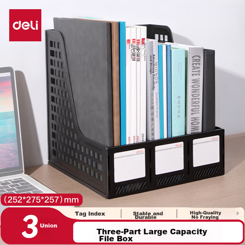 Deli 3-Tier Hollow Desktop File Organizer with Label Holder Black 27666