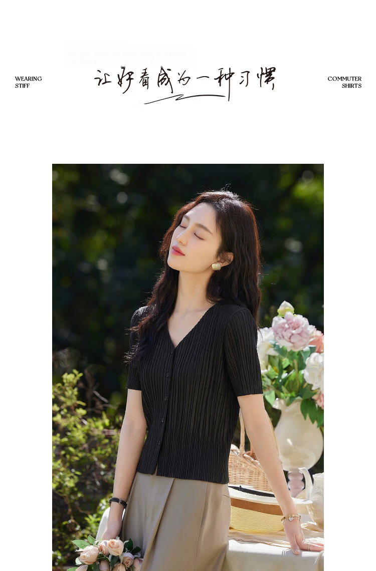 Demana Minimalist Urban Summer Commuter Wrinkled V-Neck Slim Fit Short Sleeve Slimming Petite Women's Jacket 13