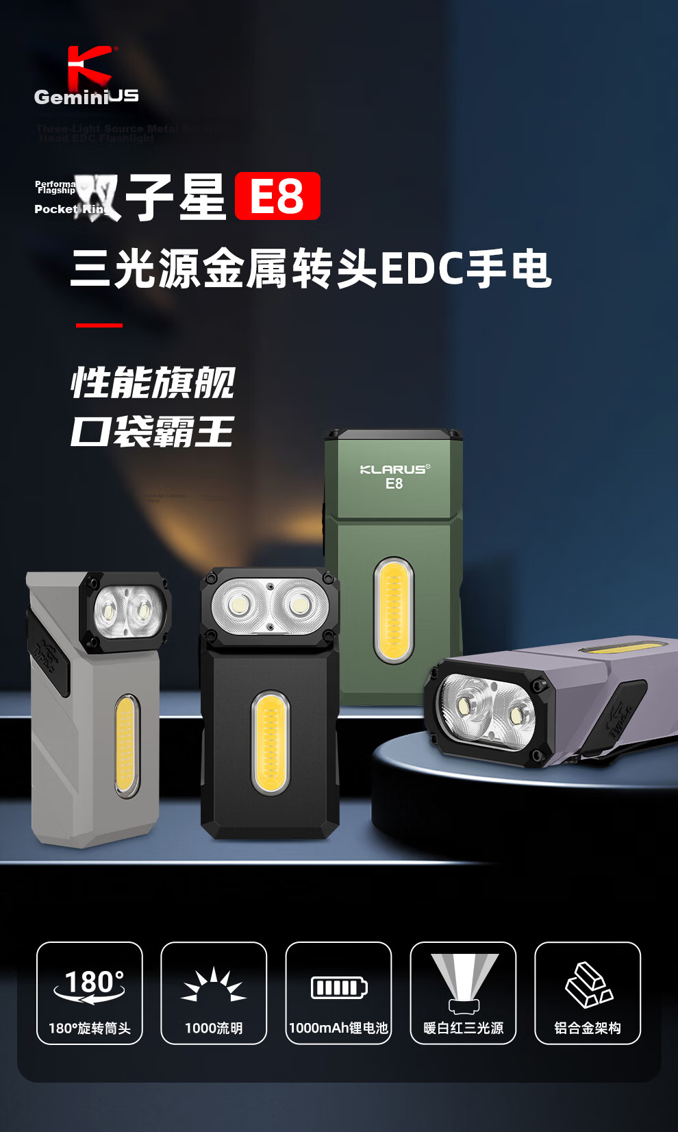 KLARUS Outdoor Camping Flashlight E8 Three-Light Source High-Power LED Rotatable Head EDC Flashlight Portable Mountaineering Lighting 2