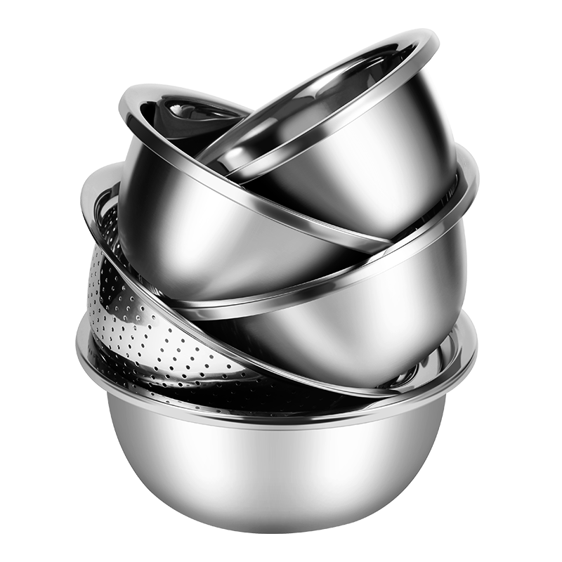 Chuida Huang 304 Stainless Steel Bowl and Sieve 5-Piece Set Thickened Vegetable Washing Bowl, Dough Mixing Bowl, Seasoning Marinating Bowl, Rice Sieve Combo