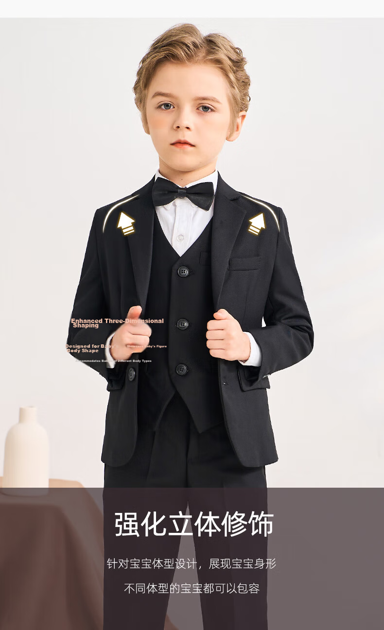 Romon Kids Suit Set Spring Autumn Boys Host Tuxedo Flower Boy Performance Outfit Black 170 14