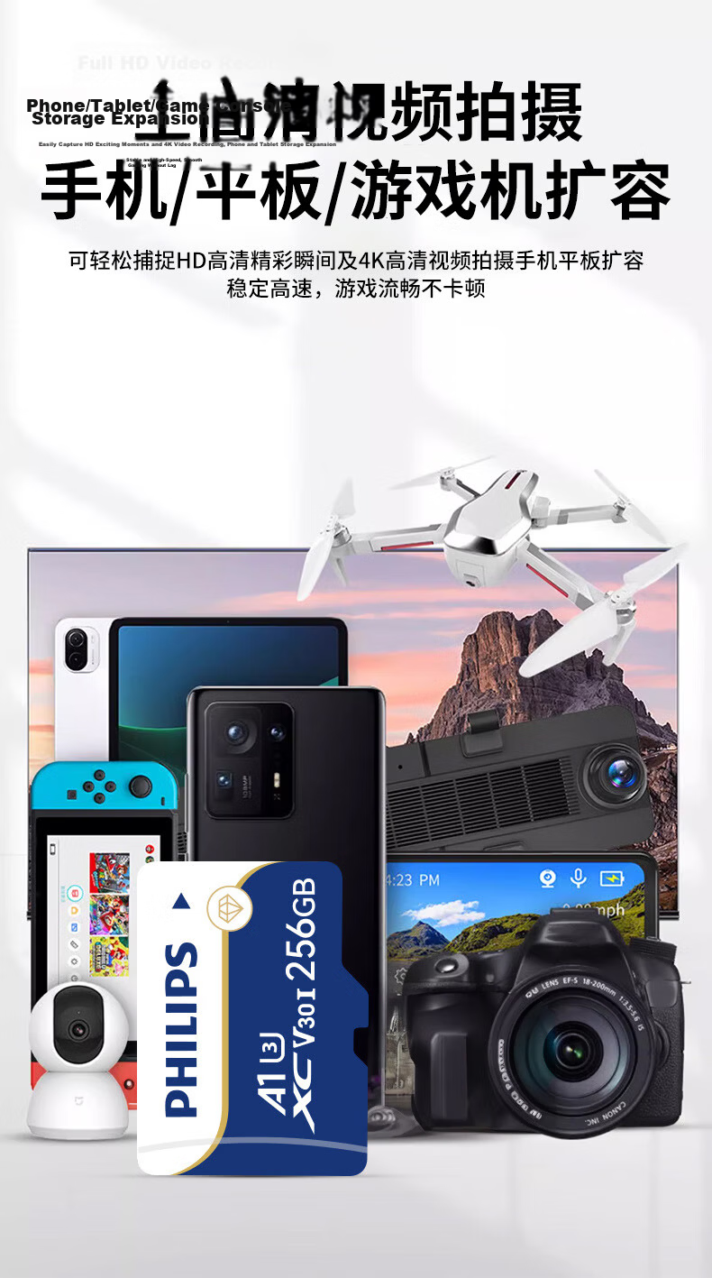 PHILIPS 128GB TF (MicroSD) Memory Card U3 V30 High-Speed Durable Storage Card for Dashcams & Security Surveillance Read Speed 100MB/s 8