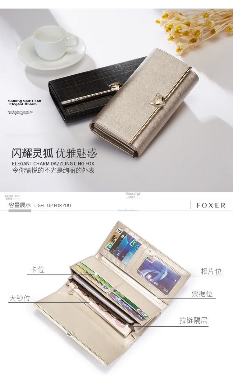 FOXER Genuine Leather Women's Large Capacity Long Wallet Card Holder Money Clip Clutch Coin Purse Luxury Girlfriend Birthday Gift 11