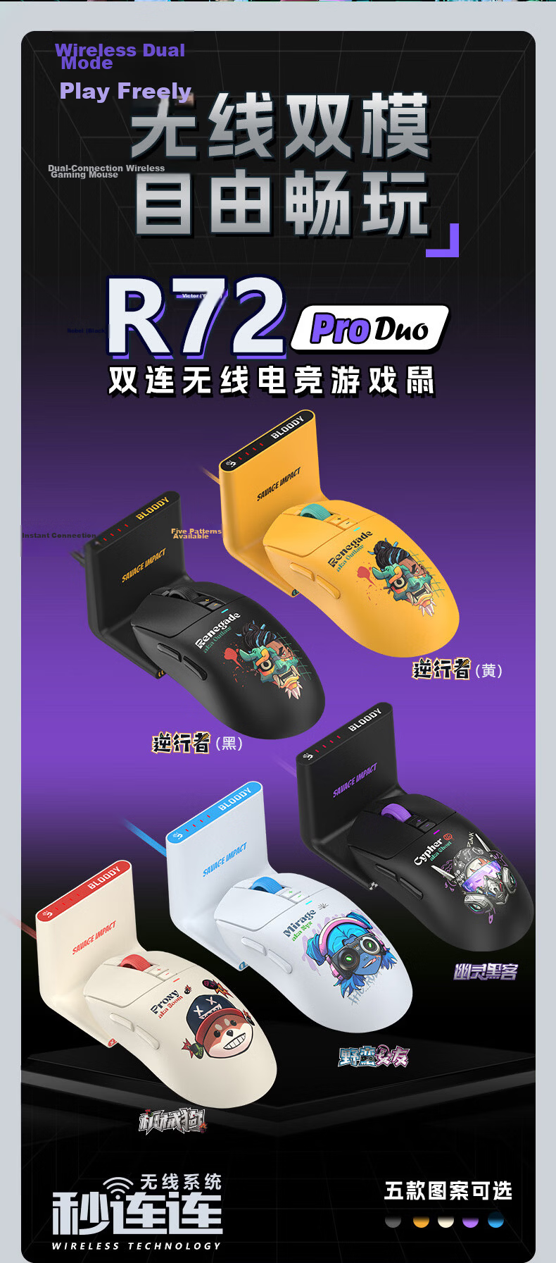 A4TECH R73ProDuo Large Right Wireless Mouse Gaming Mouse E-Sports Mouse 3395 Wireless Mouse with Charging Dock, Wild Tribe, Phantom Hacker, Wireless 2