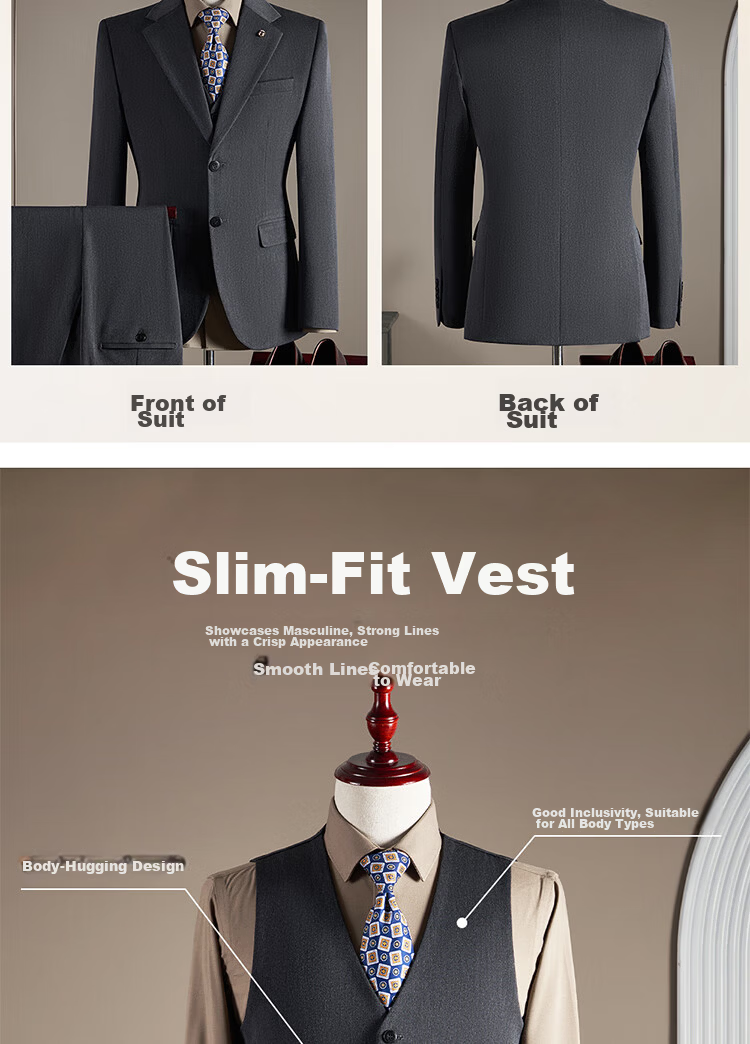 ROMON Men's Business Suit Set [Blazer + Vest + Trousers] Dark Gray 2XL 10