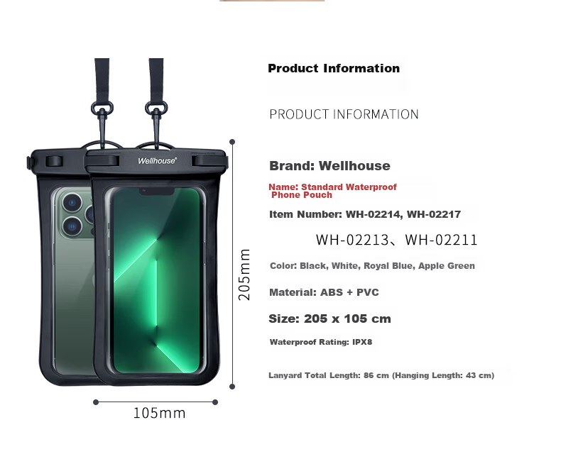 WELLHOUSE Waterproof Phone Pouch Standard Edition Black for Diving Swimming Touchscreen Water Photography Hot Springs Fishing 8