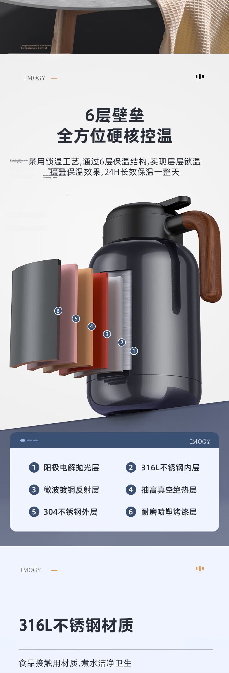 IMOGY IMOGY Insulated Bottle, Household Insulated Thermos, Large Capacity Push-Type Hot Water Kettle, 316L Stainless Steel Warm Water Jug 6