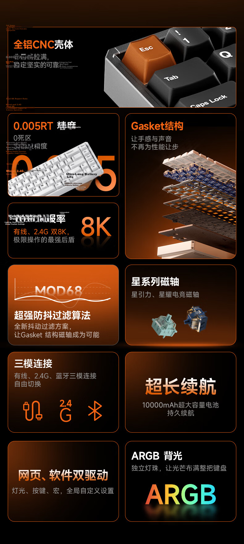 AKKO MOD68 Aluminum RT Gaming Keyboard Delta Magnetic Switch Custom Gasket Structure Wired 8K Polling Rate 68-Key Mechanical Keyboard 2