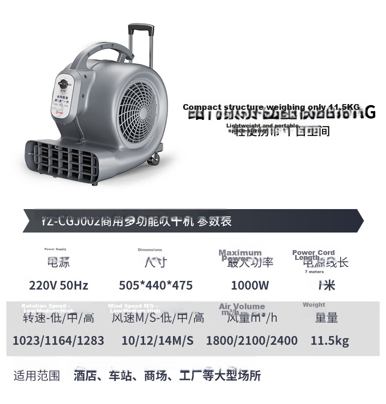 YANGZI YZ-CGJ004 Floor Blower Dryer 3200W 10m/s with Wheels and Handle, Hot and Cold Air, Dehumidifier and Carpet Dryer for Bathroom 12