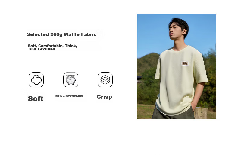 Baleno Men's Short Sleeve T-Shirt Summer 260g Heavyweight Waffle Knit Half Sleeve Student Hong Kong Style Simple Casual Versatile Top 7