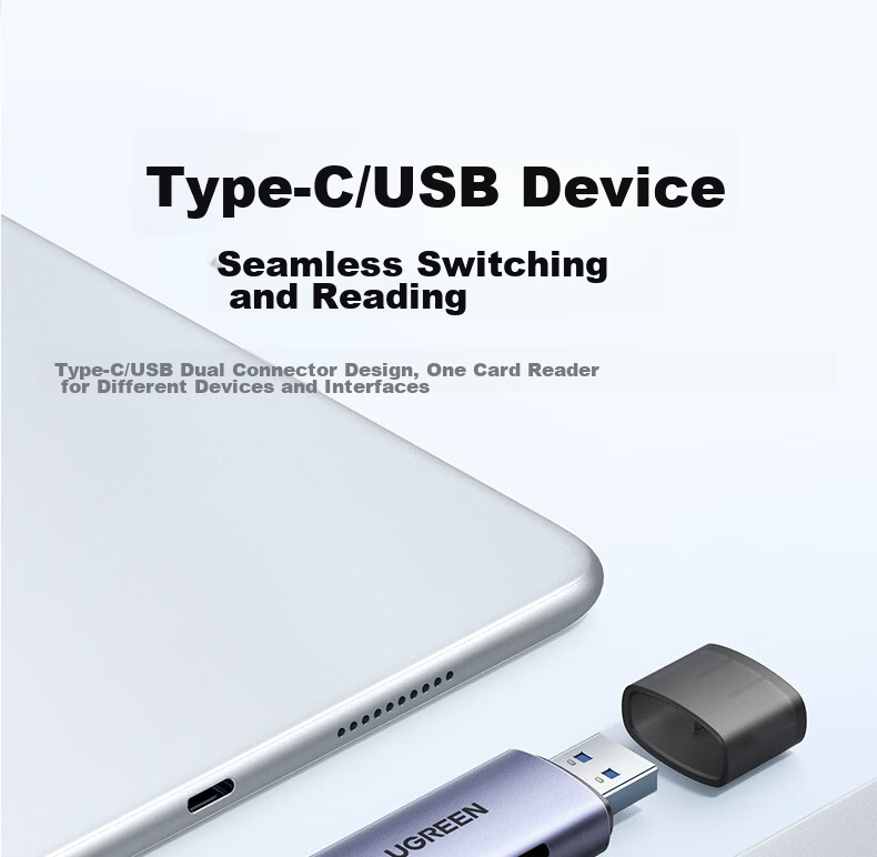 UGREEN USB/Type-C 3.0 High-Speed Card Reader SD/TF Dual Card Compatible with PC, Tablet, Phone, DJI Pocket 4/3 Drone, Apple 17/16, Sports Camera 5