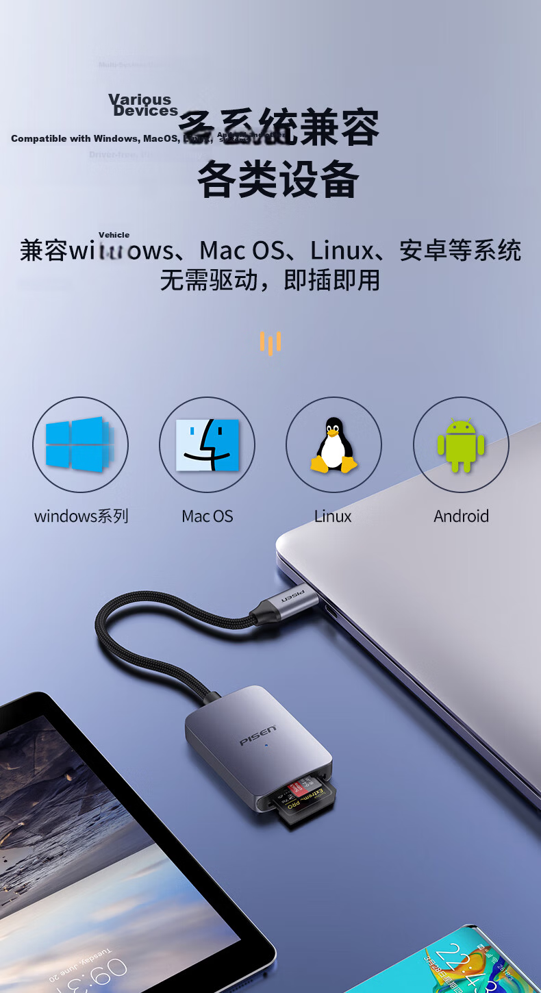 Pisen Huawei NM Card Reader USB3.2/Type-C High-Speed Two-In TF Card Reader Compatible with Huawei Phones/Computers/Apple 16/15/iPad Tablets 6