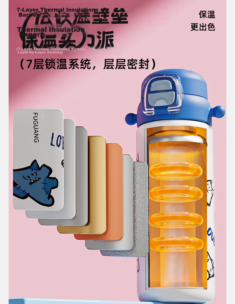 FGA Fuguang Children's Insulated Cup, 316L Stainless Steel, Stylish Design for Students, Large Capacity Water Bottle with Straw for Men And Women, 0.5L 10