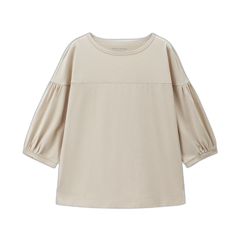 Giordano Women's Three-Quarter Sleeve T-Shirt, New Style, Pure Cotton, Solid Color, Loose Fit, Round Neck, Lantern Sleeves, Top, 13326210