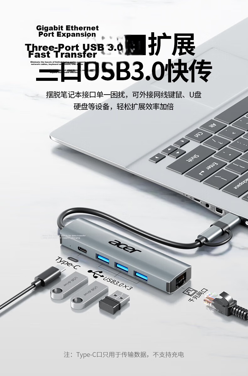 Acer Type-C to Ethernet Adapter, Wired Network Card Converter, USB Hub Compatible with IPad, Lenovo And Huawei Laptop Expansion Dock, Network Cable Adapter 4