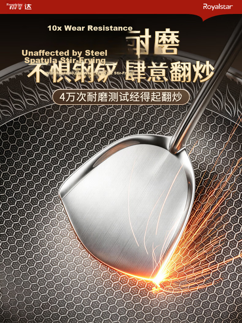 Royalstar Titanium Non-Stick Wok 304 Stainless Steel Household Frying Pan Flat Bottom Skillet Compatible with Induction Cooker and Gas Stove 6