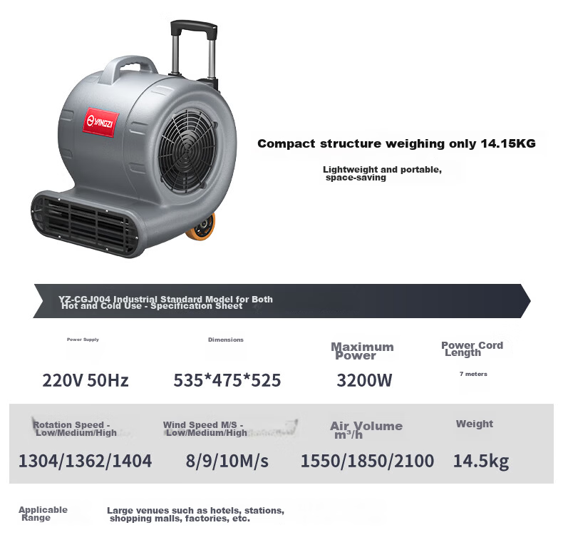 YANGZI YZ-CGJ004 Floor Blower Dryer 3200W 10m/s with Wheels and Handle, Hot and Cold Air, Dehumidifier and Carpet Dryer for Bathroom 14
