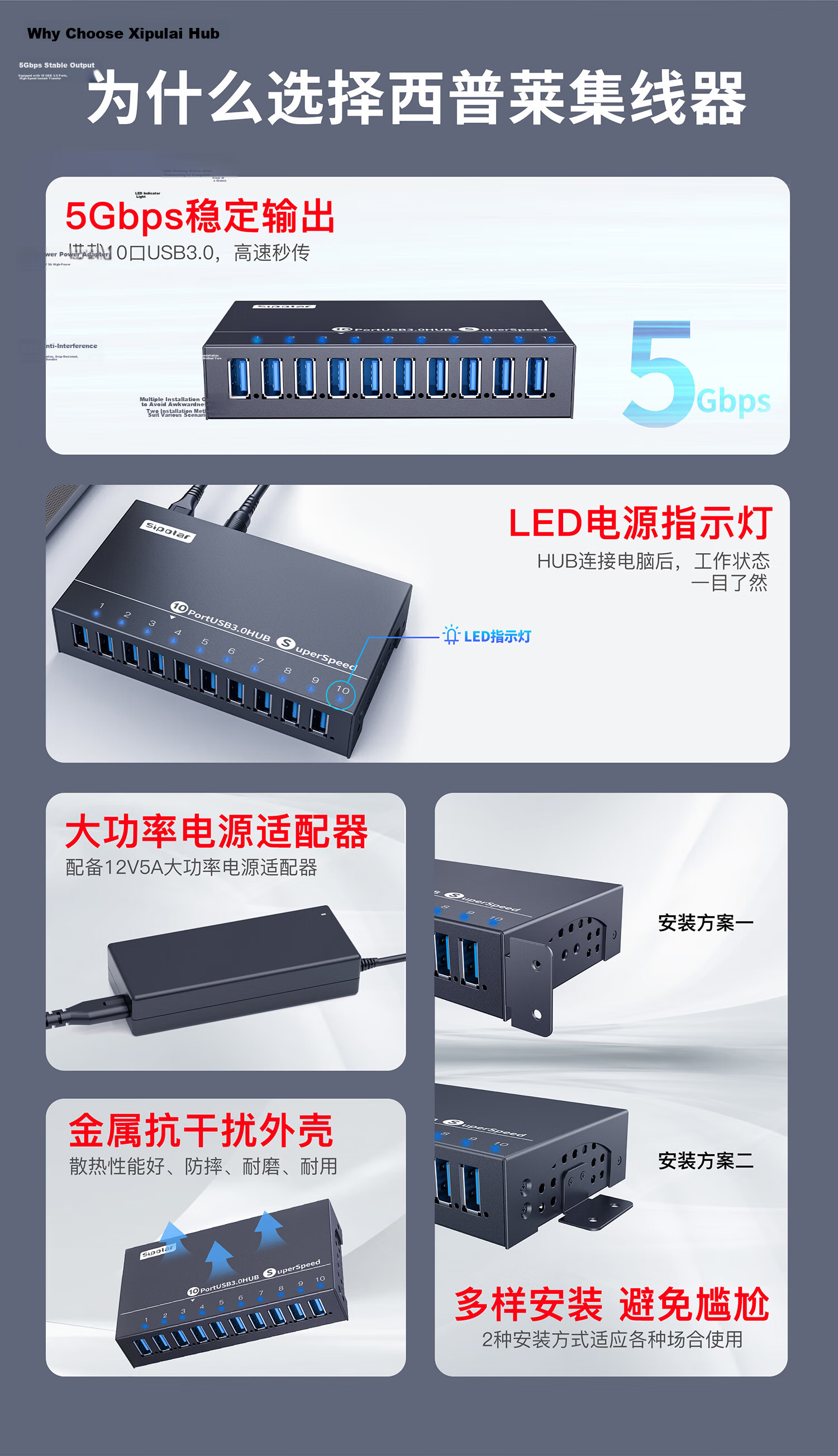 Xipulai 10-Port USB 3.0 Hub 60W Powered Industrial Docking Station A-103 (1m) HUB for Mobile Control, Tablet, Hard Drive Batch Processing, Single Port 1A 5
