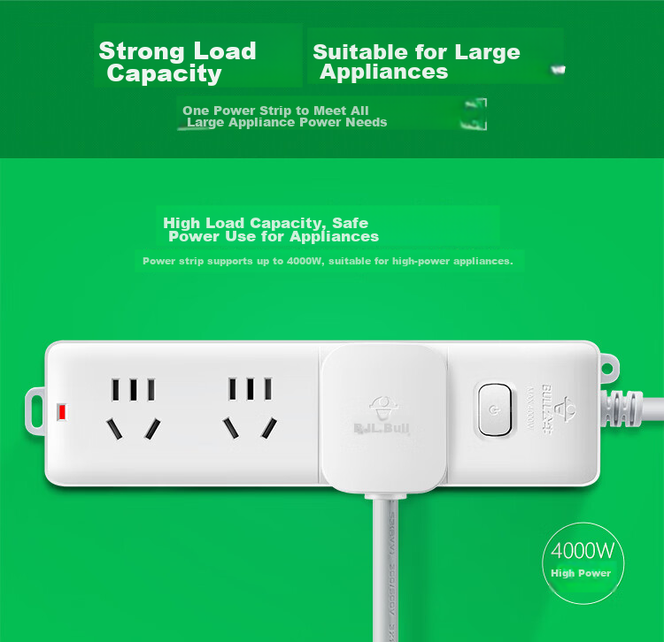 BULL High-Power 16A Socket Power Strip/Extension Cord/Power Board for Air Conditioner/Hot Water Heater/Electric Heater, 3 Outlets with Master Switch, 3 Meters Total Length GN-406D 3