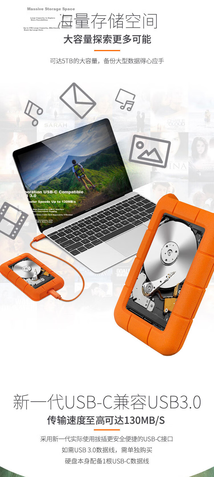 LaCie Rugged Mini Portable Hard Drive, 5TB Triple Protection, USB Type-C/USB3.2 Compatible with Mac, Small Black, Shockproof And Drop-Resistant 6