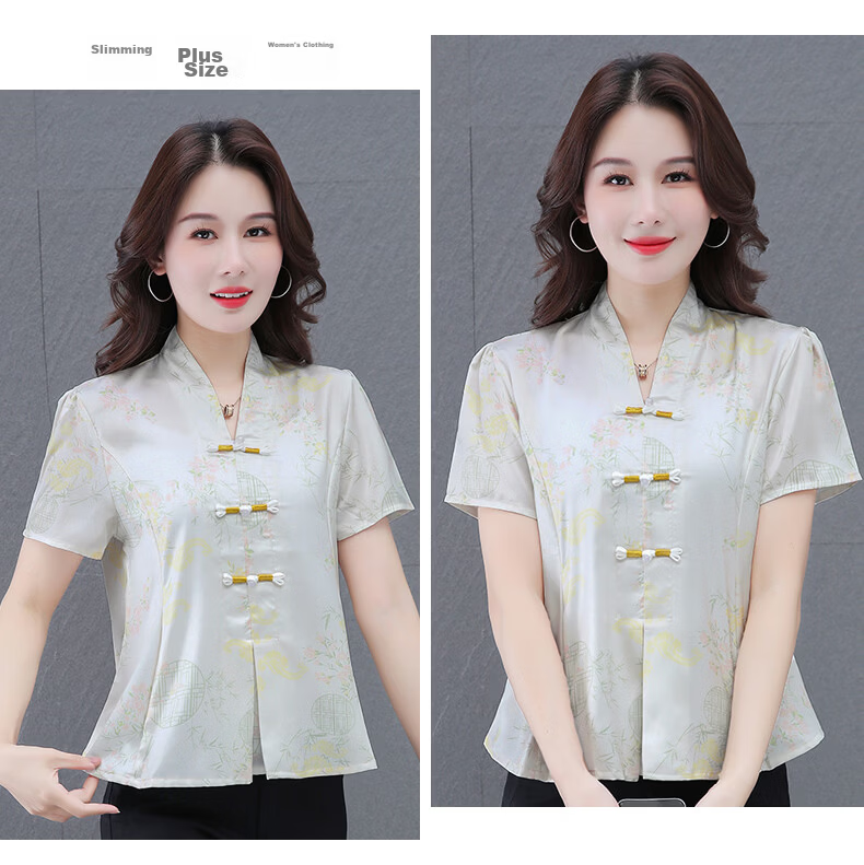 Woodpecker New Chinese Style Short Sleeve T-Shirt for Women Summer New Middle-aged and Elderly Mom Elegant National Style Slim Top Off-White L 17