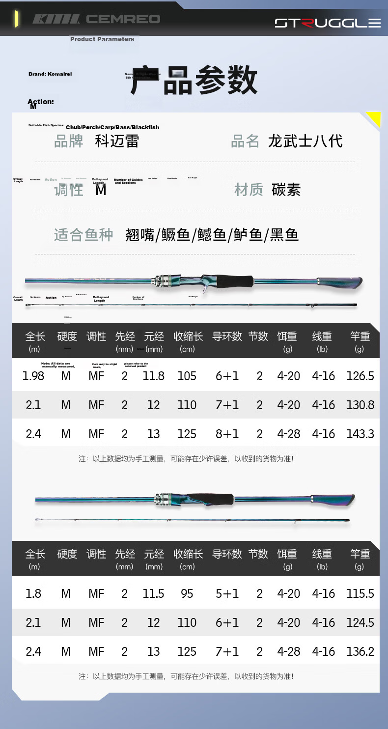 Komairay Dragon Warrior 8th Generation Universal Lure Rod 2.1m Straight Handle Set Long Cast Ultra-Light Carbon Pike Fishing Rod 9
