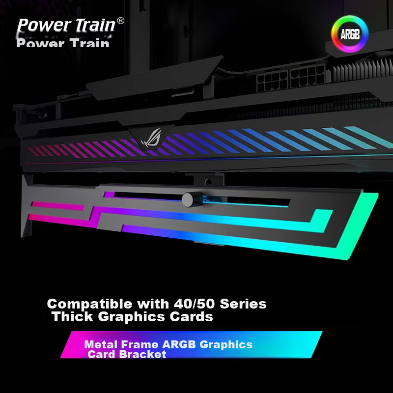 PowerTrain ARGB Graphics Card Support Bracket Black Horizontal Mounting Stand Sea View Jack Protector Compatible with 40/50 Series Metal Frame 5V 3-Pin Connector