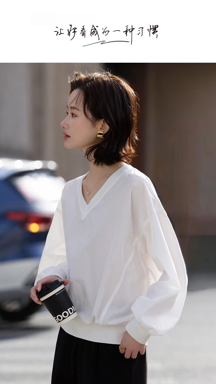 Demana Light Breath Cloud Oxygen Cotton Spring Relaxed Lazy V-Neck Ribbed Loose Slim Sweatshirt for Women Premium Feel 1