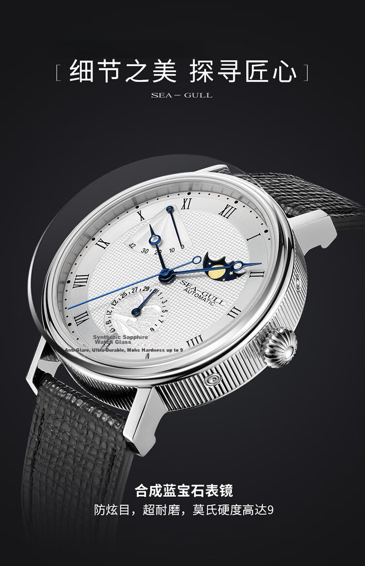 SEAGULL Men's Automatic Mechanical Watch Moon Phase Calendar Power Reserve 6092 Black Night Birthday Gift 19