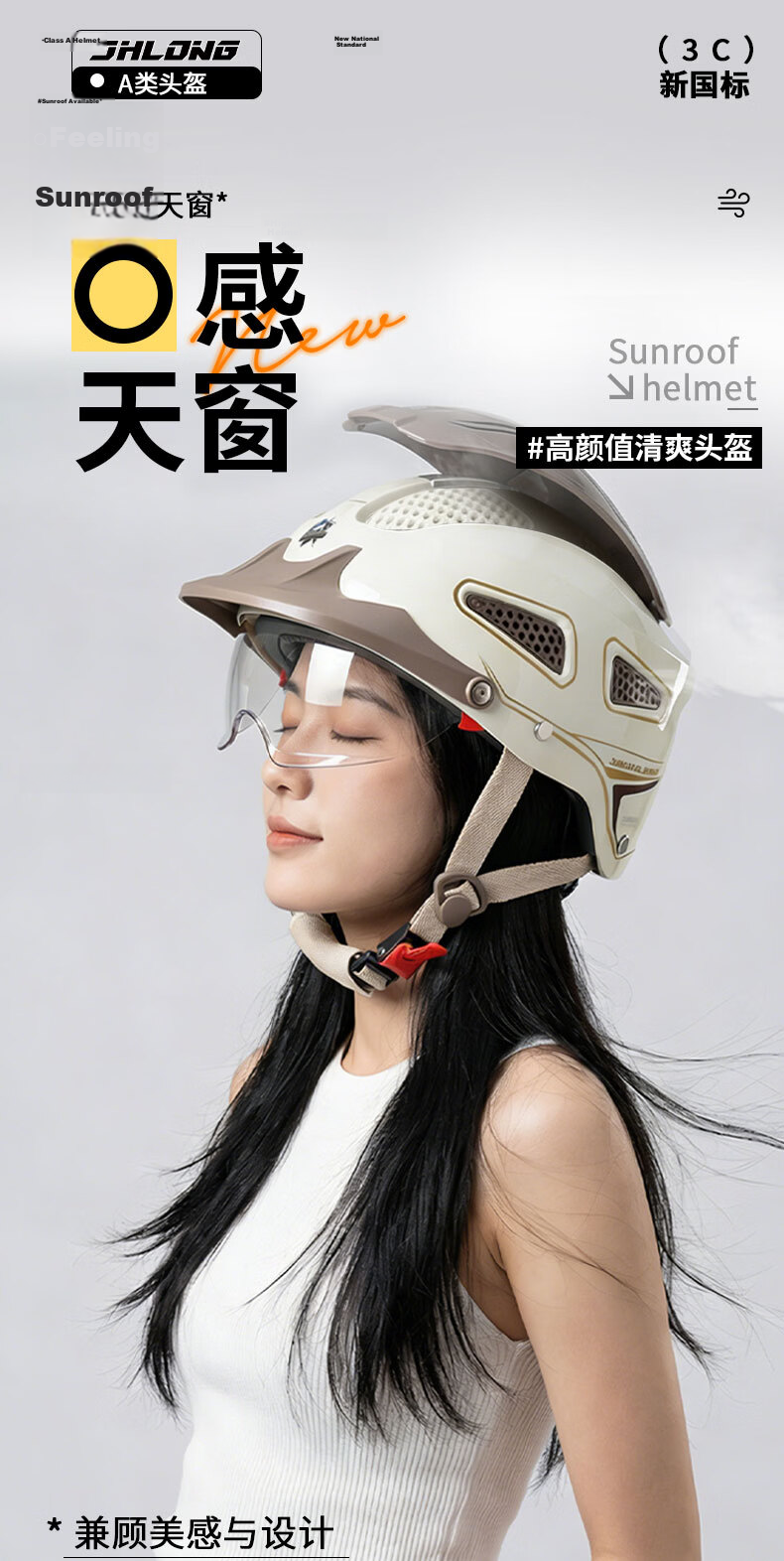 JUNHAOLONG Electric Motorcycle Helmet 3C Certified Class A Riding Safety Helmet Extended Visor Summer Unisex Helmet Glossy Black 1