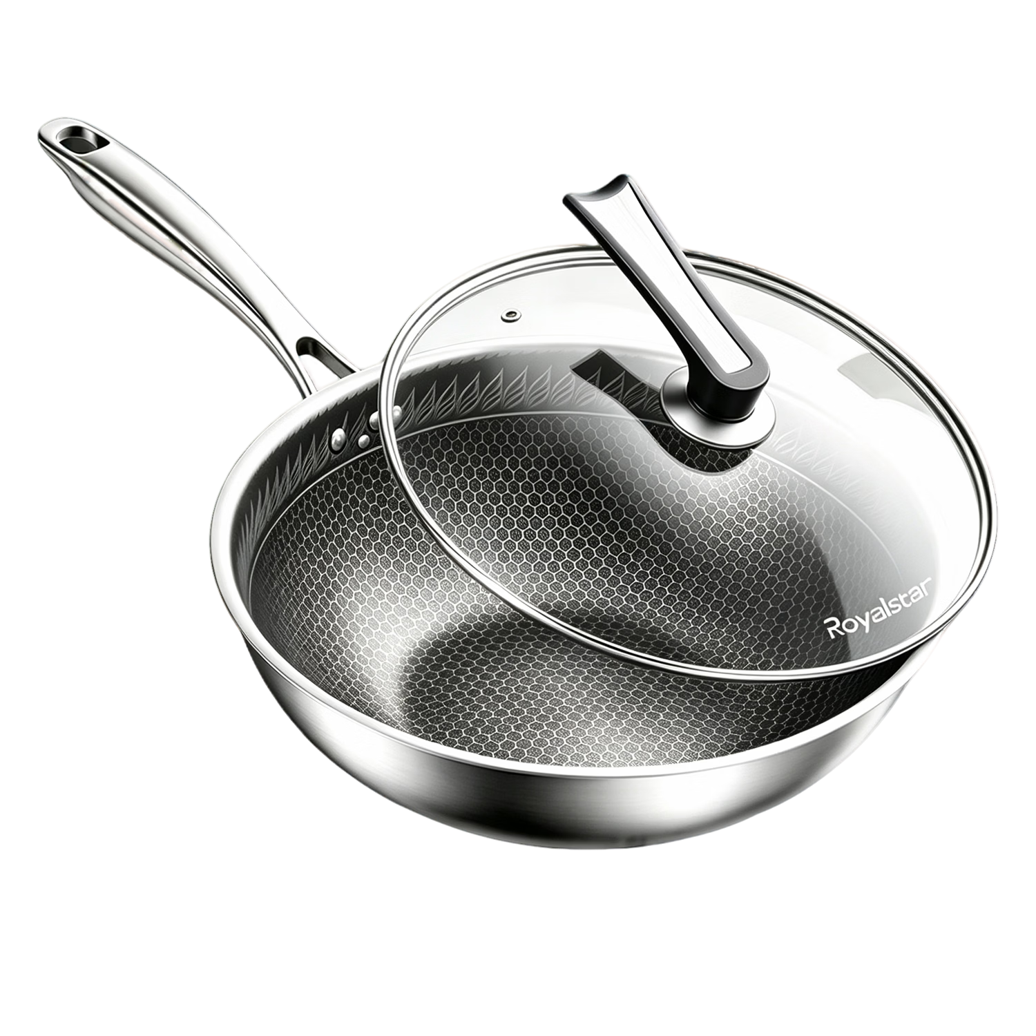 Royalstar 316 Stainless Steel Non-Stick Frying Pan Honeycomb Wear-Resistant Household Flat Bottom Wok for Gas and Induction Cookers