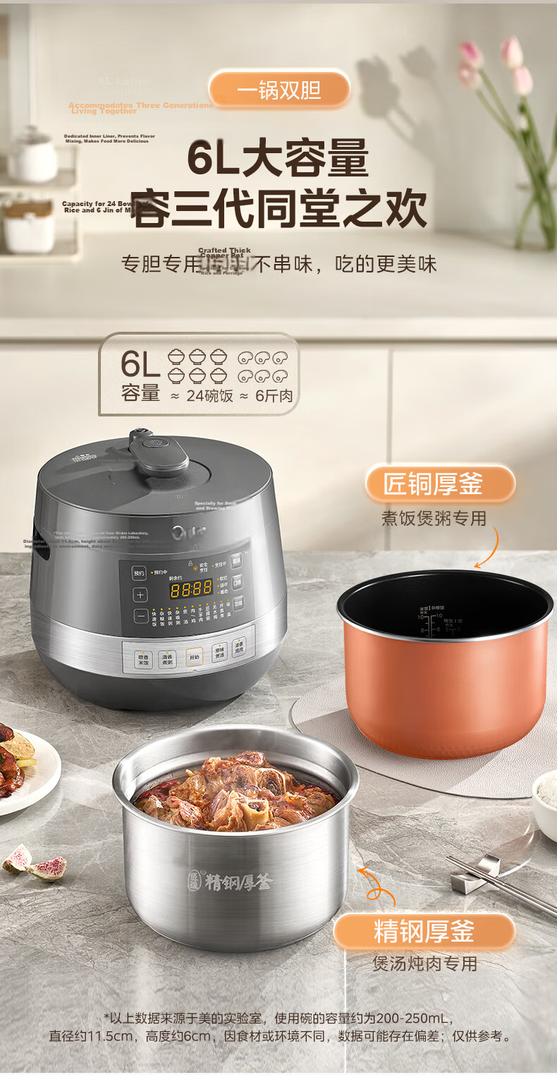 Midea Little Flying Hero Electric Pressure Cooker with Titanium and Fluorine-Free Coating, Dual Inner Pots, 6L Large Capacity, Multi-Functional Rice Cooker for 6-8 People E6825N 8