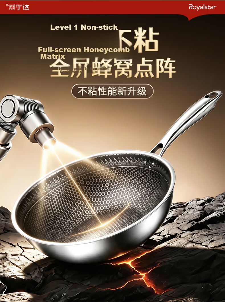 Royalstar Titanium Non-Stick Wok 304 Stainless Steel Household Frying Pan Flat Bottom Skillet Compatible with Induction Cooker and Gas Stove 4