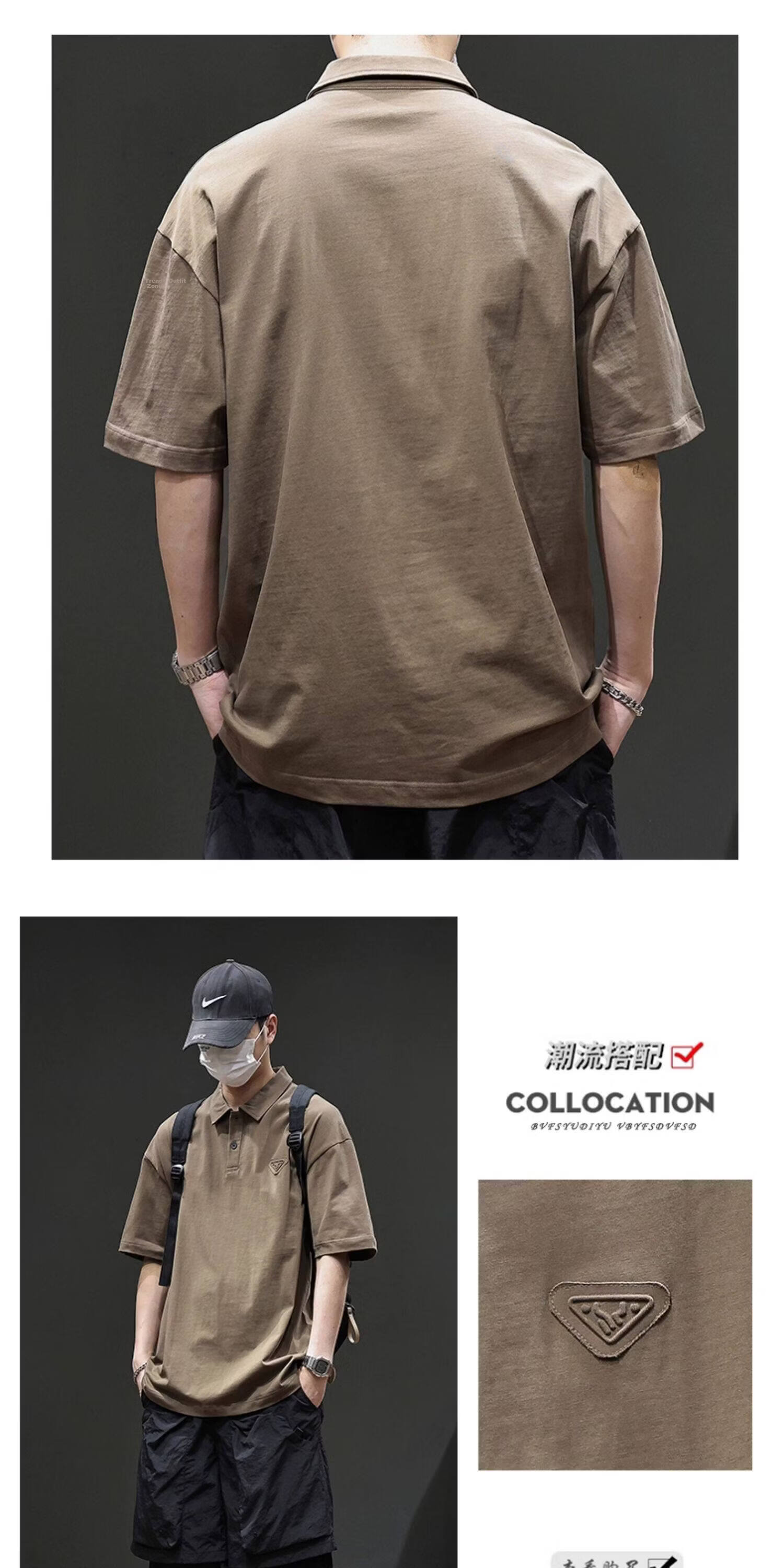 ROMON American Vintage Cotton Short Sleeve T-Shirt Men's Summer Heavyweight Casual Versatile Polo Shirt Black XL 7