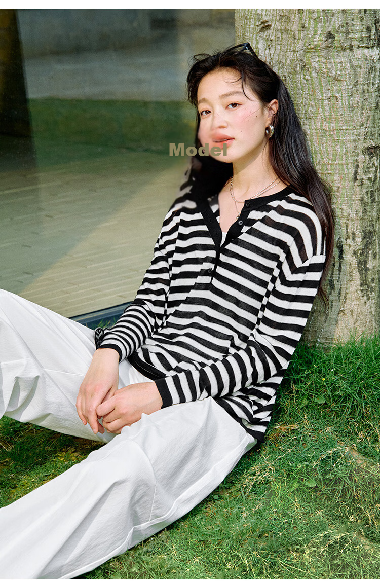 Inman [Linen Tencel] Henry Collar Striped Knit Top Summer New Women's Nautical Style Pullover Klein Blue M 22