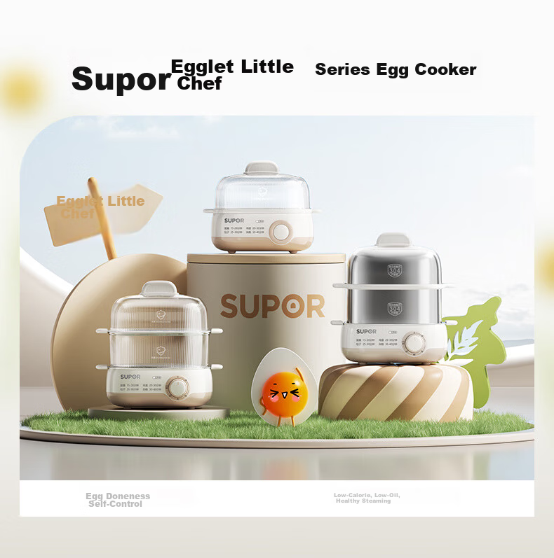SUPOR Egg Cooker, Steamer, Small Steaming Pot, Egg Cooking Wonder, Rotary Knob with Timer And Auto Shut-Off, Double-Layer, Home Mini Egg Custard Multi-Function Cooker, Z15FK953 1