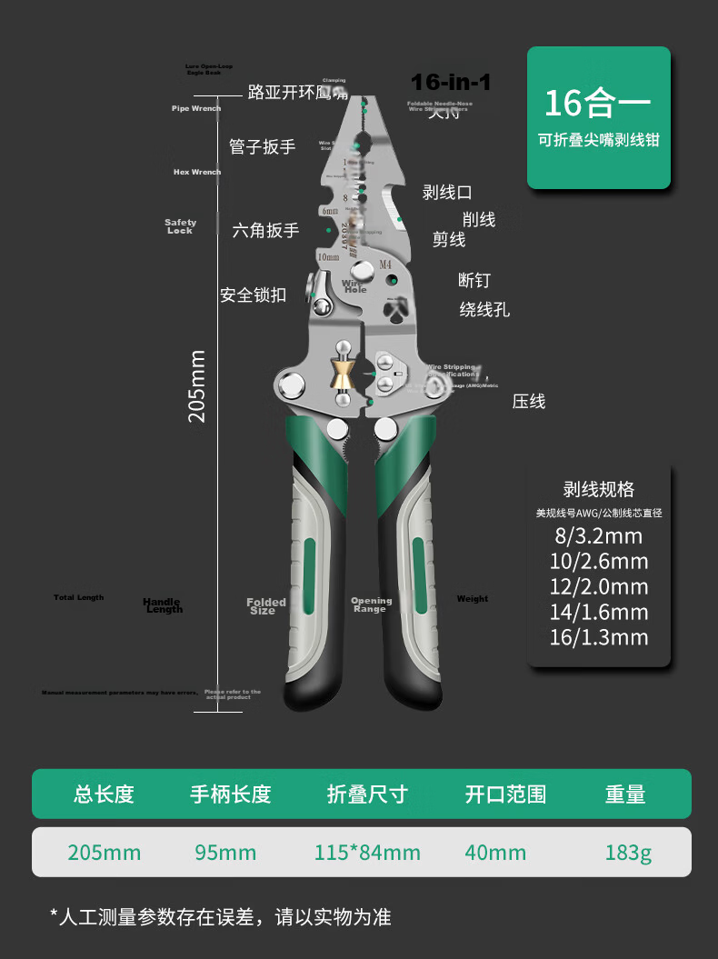 Baolian 16-in-1 Multifunctional Wire Stripper Pliers Electrician Wire Pulling and Cutting Pliers Wire Twisting and Crimping Tool 16