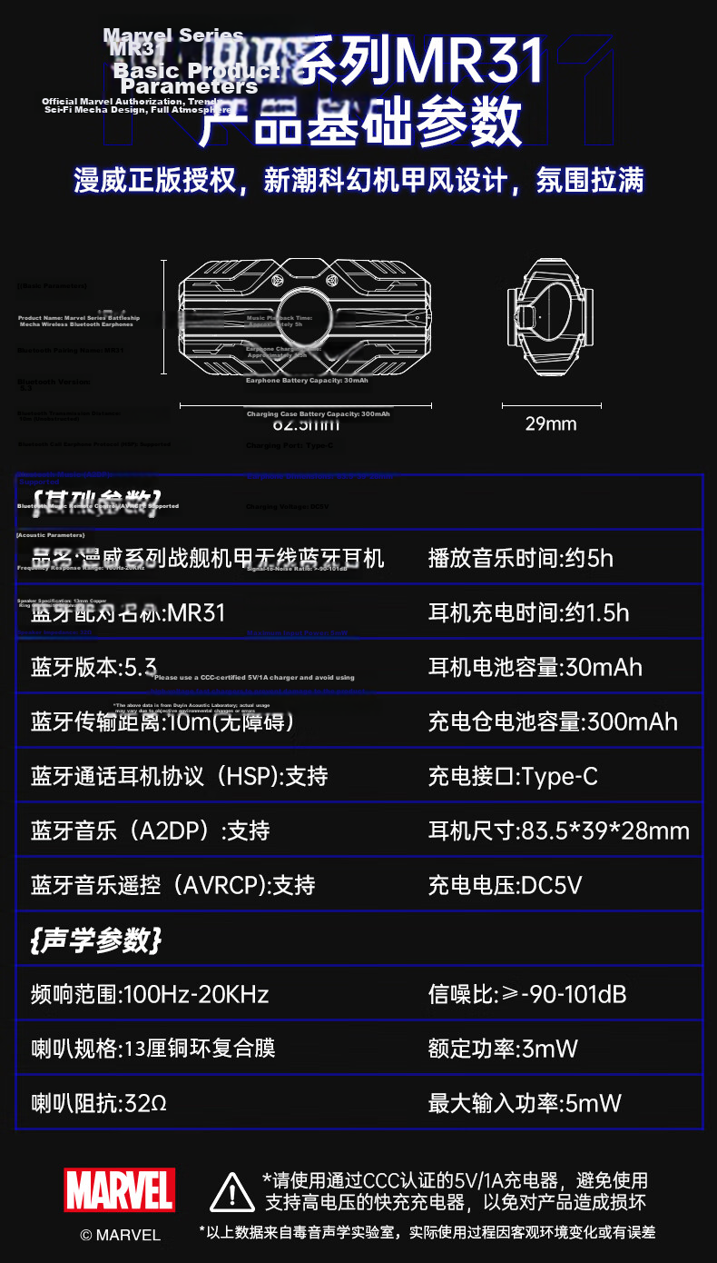 DISNEY Marvel MR31 Wireless Bluetooth Earphones Gaming Battleship Mecha Boys Gift Fidget Spinner White Captain America Compatible with Apple Android Huawei 12