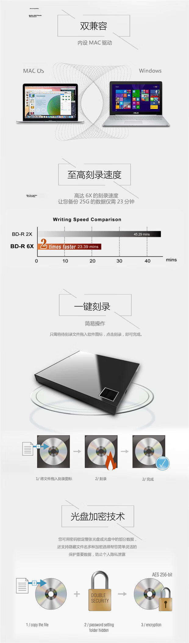 ASUS 6X USB 2.0 External Blu-ray Drive Burner Black (Compatible with Apple System/SBW-06D2X-U) 2