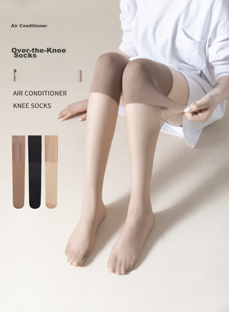 LangSha Knee-High Stockings for Women, Mid-Length Cold Legs Knee Protection Summer Thin Long Socks, Skin Color 1 Black 1 Coffee 1 1
