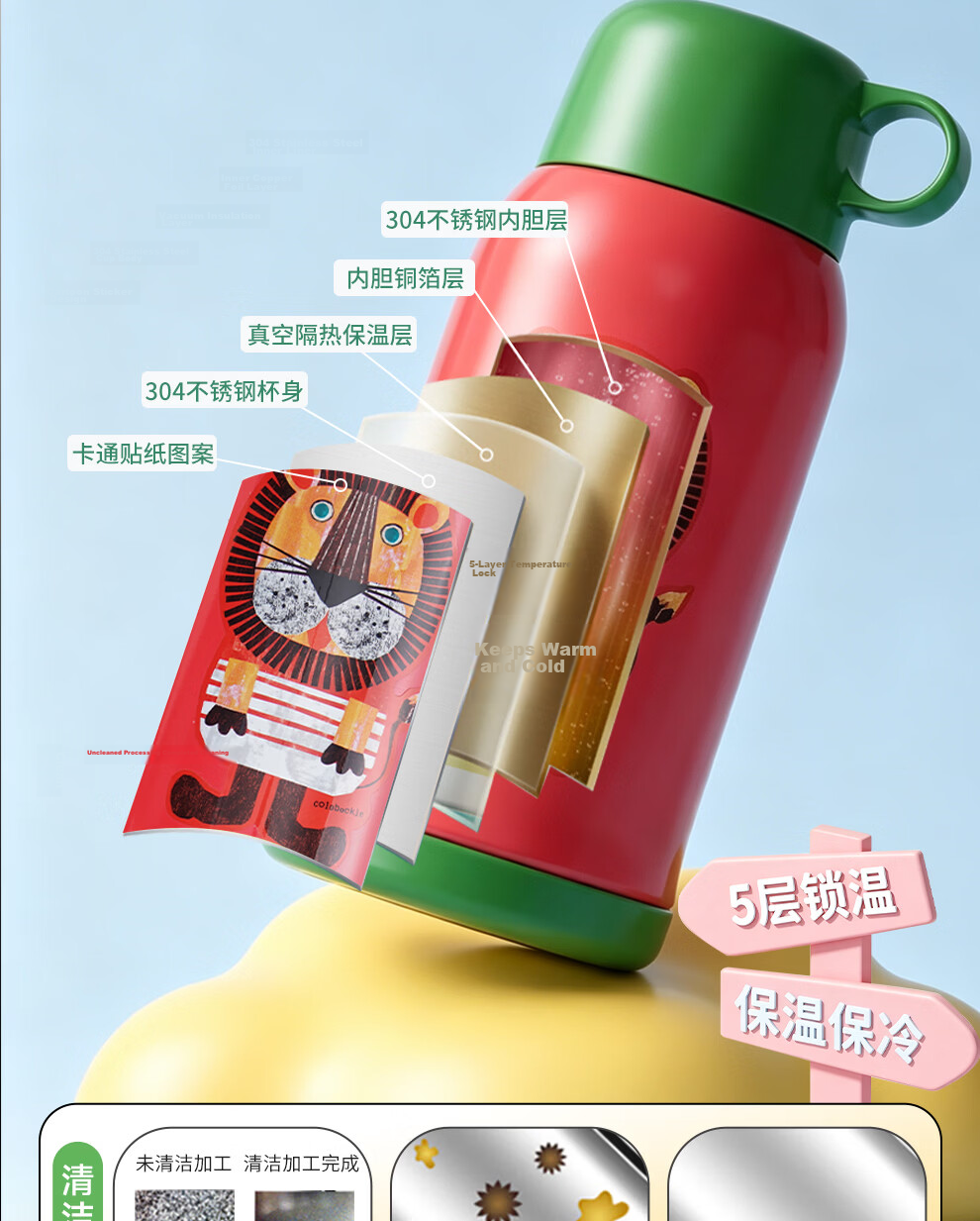 TIGER [JD Exclusive] Little Lion Kids Thermos Straw Water Bottle Dual Lid Student Cup Back-to-School Gift 10