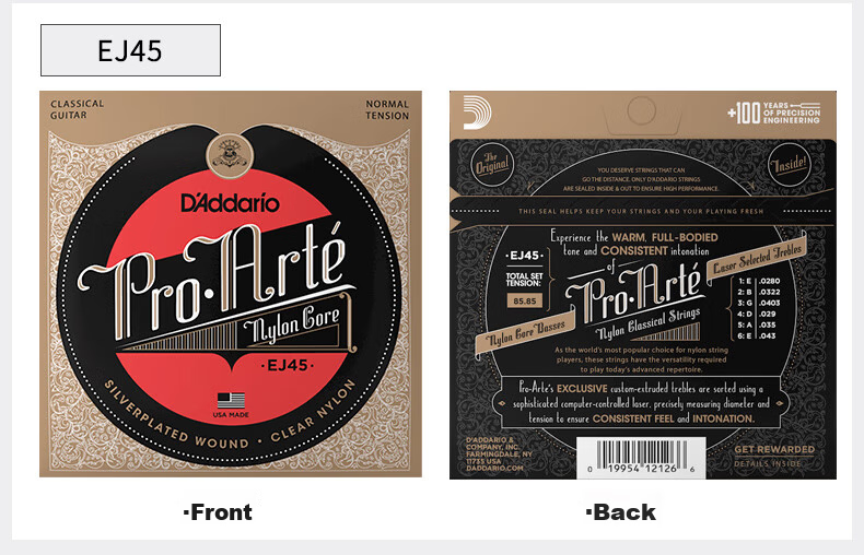 D'Addario EJ46 American Imported Classical Guitar Strings, High Tension Nylon Core Set Strings 6