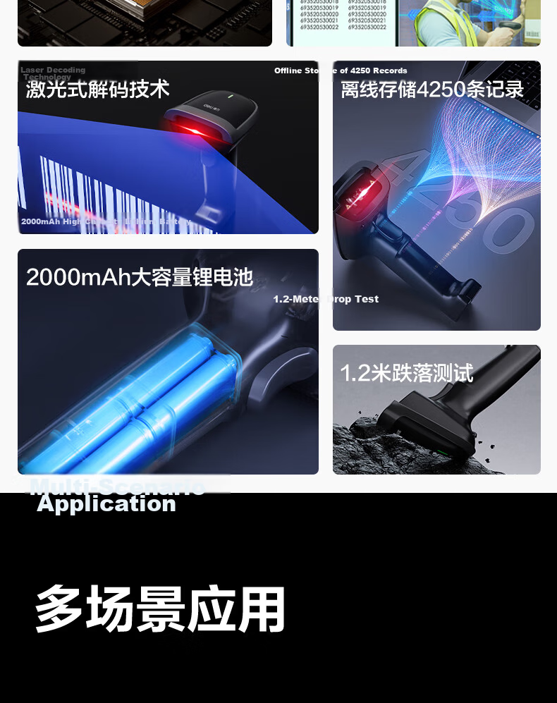 Deli Barcode Scanner Gun, Wireless Barcode Scanning Device, Pharmaceutical Traceability Logistics Express Query Product Inventory Spare Parts Warehouse Barcode Scanner QR Code 14881S Light Gray 3