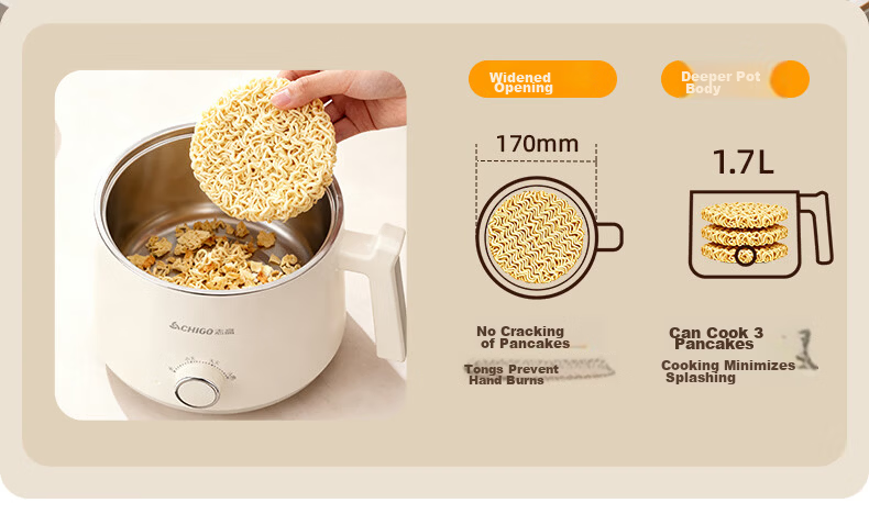 CHIGO Electric Cooking Pot [0 Plastic 0 Coating] Electric Hot Pot Small 304 Stainless Steel Mini Electric Pot Integrated Instant Noodle Small Hot Pot Multifunctional Pot Birthday Gift 1.7L 8