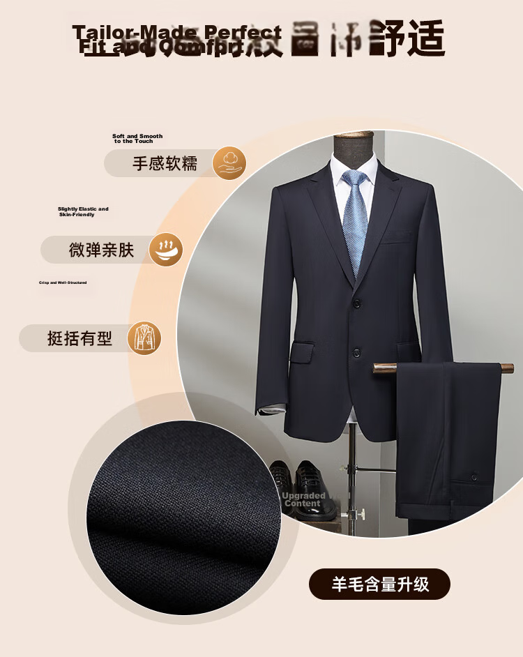 YOUNGOR Men's Autumn Winter Business Fashion Wool Formal Suit Navy Jacket 165C165/96A 3
