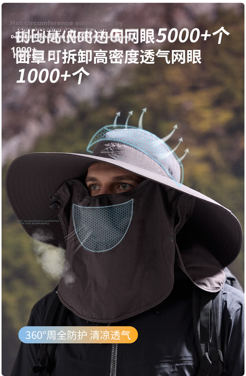 MISSION UV Sun Protection Hat for Men, Sunshade Fishing Bucket Hat, Mountaineering Outdoor Summer UV Protection Cap with Face Mask 6